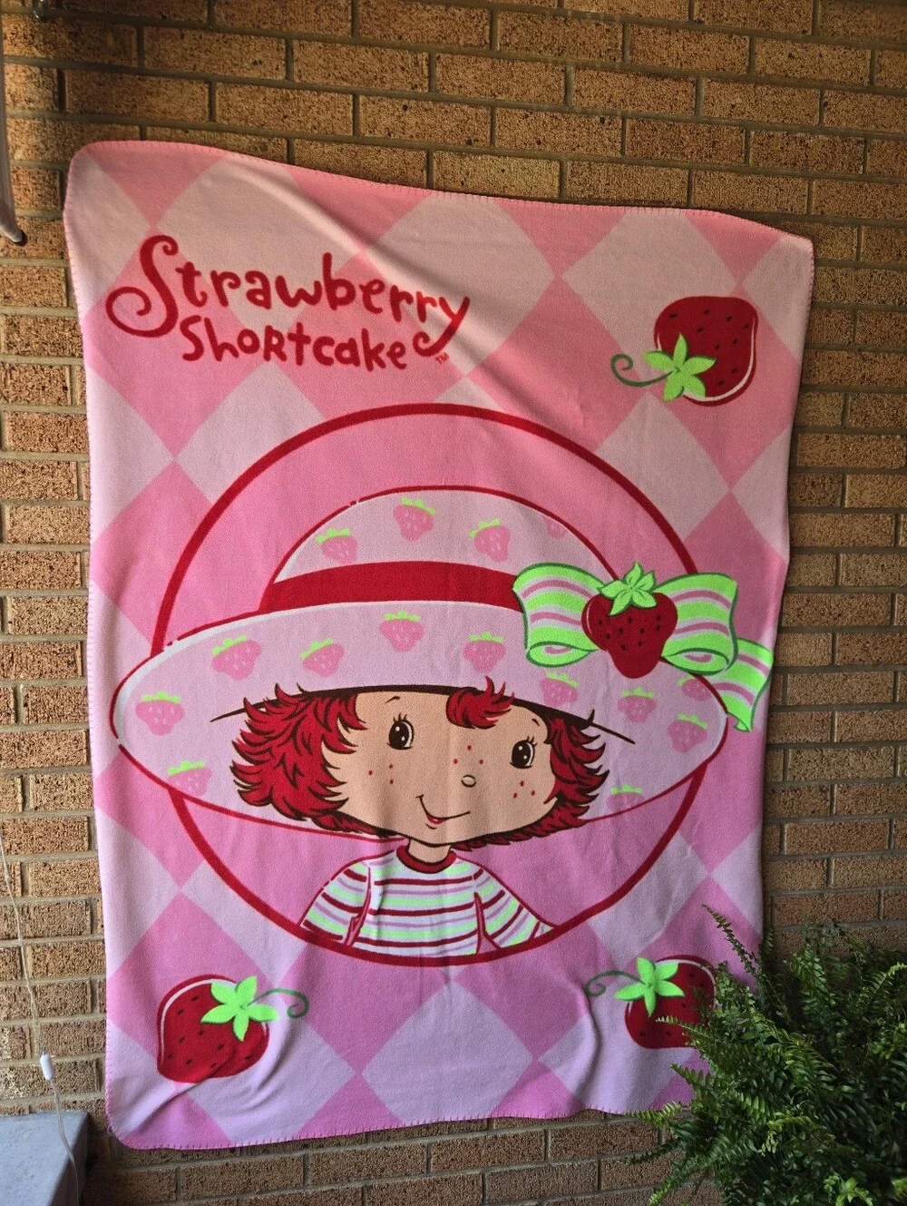 Y2K Strawberry Shortcake Fleece Blanket Pink Checkerboard 🍓🍓🍓